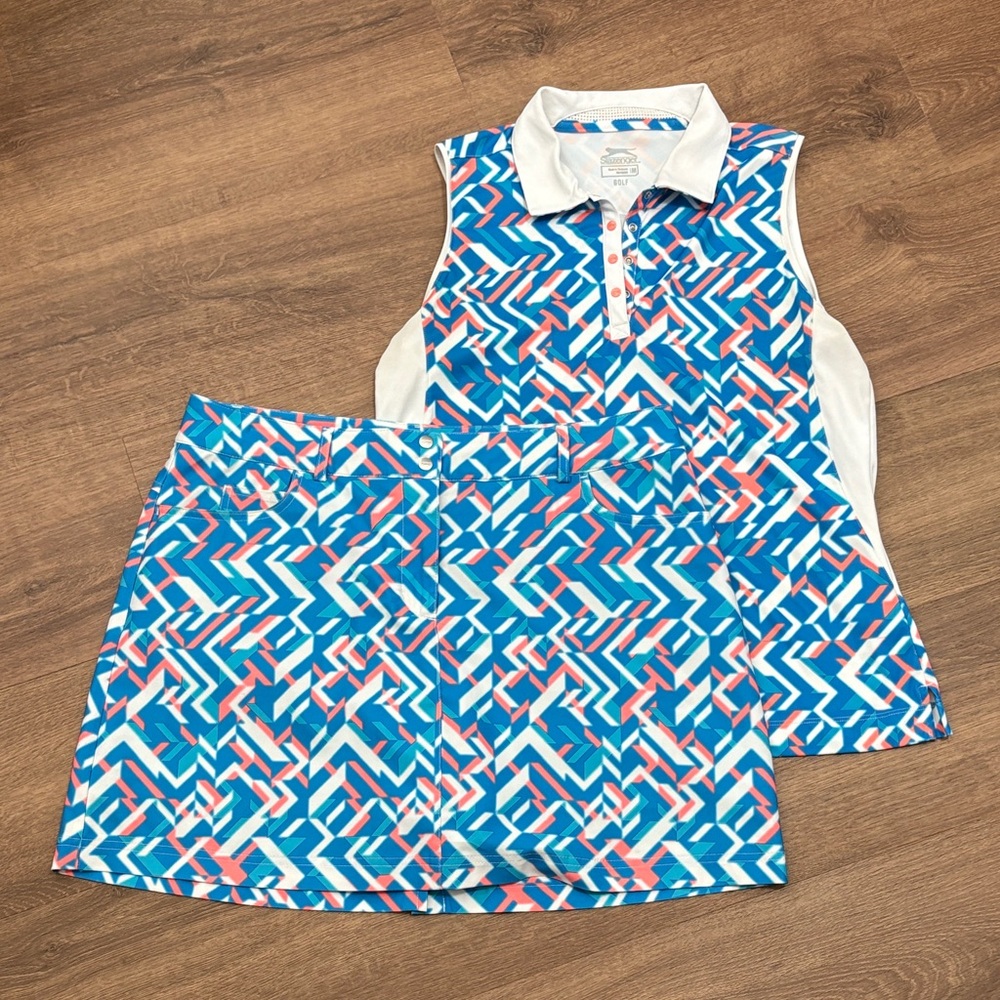 Slazenger Blue Geometric Golf Set Sleeveless Polo Size Medium and Skort Size 10